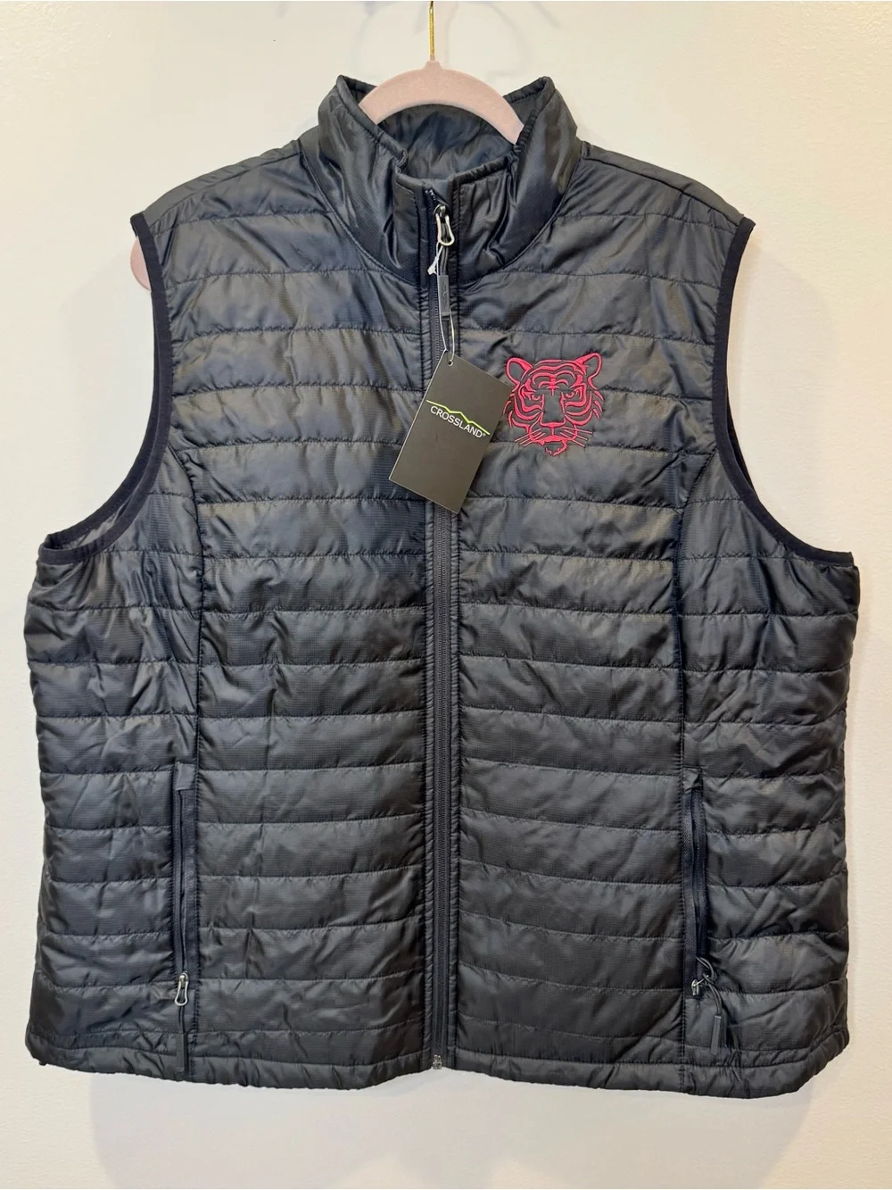 Crossland Men’s Black Packable Quilted Vest Red Embroidered Tiger Logo 3XL